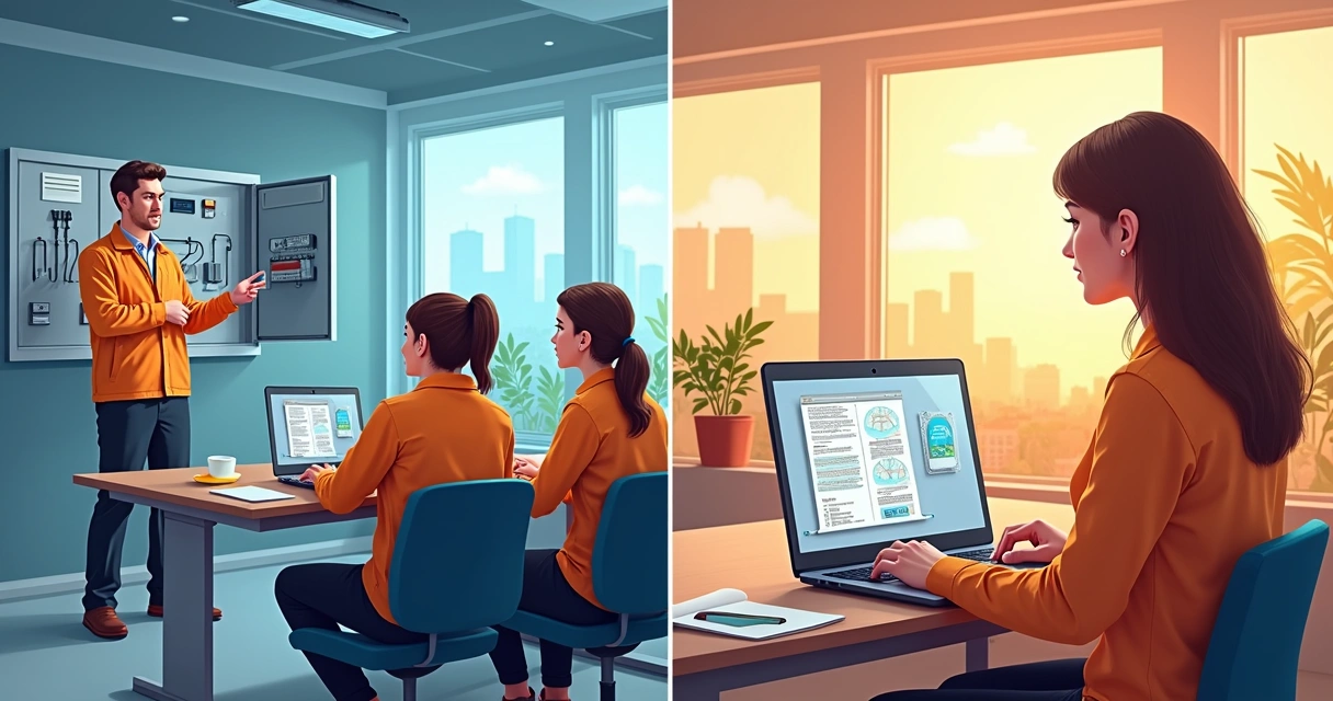 Ambiente de curso presencial com instrutor e outra metade simulando tela de curso online