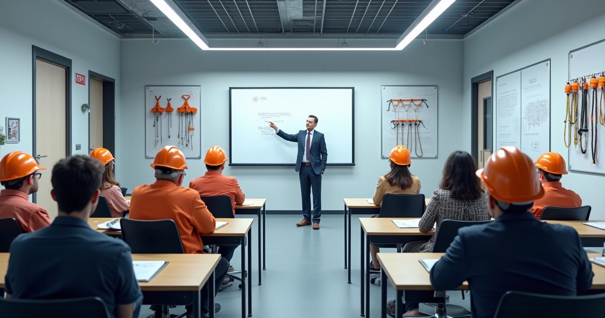 Sala de treinamento de curso NR-35 com equipamentos de segurança