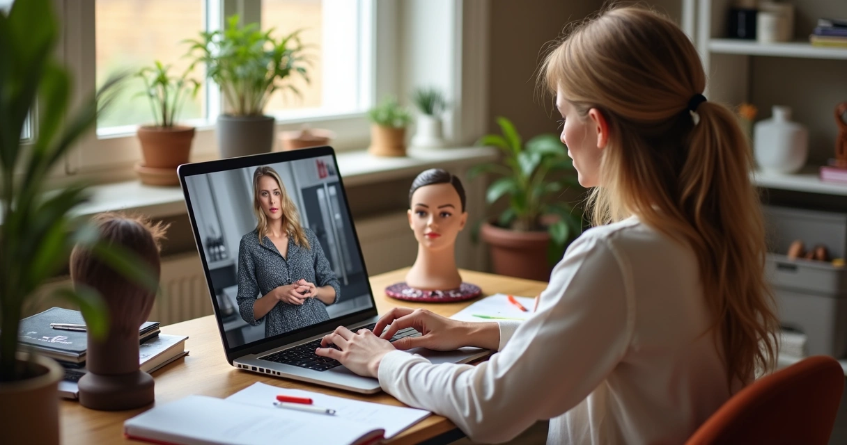 Pessoa aprendendo cabeleireiro em curso online com materiais de apoio 