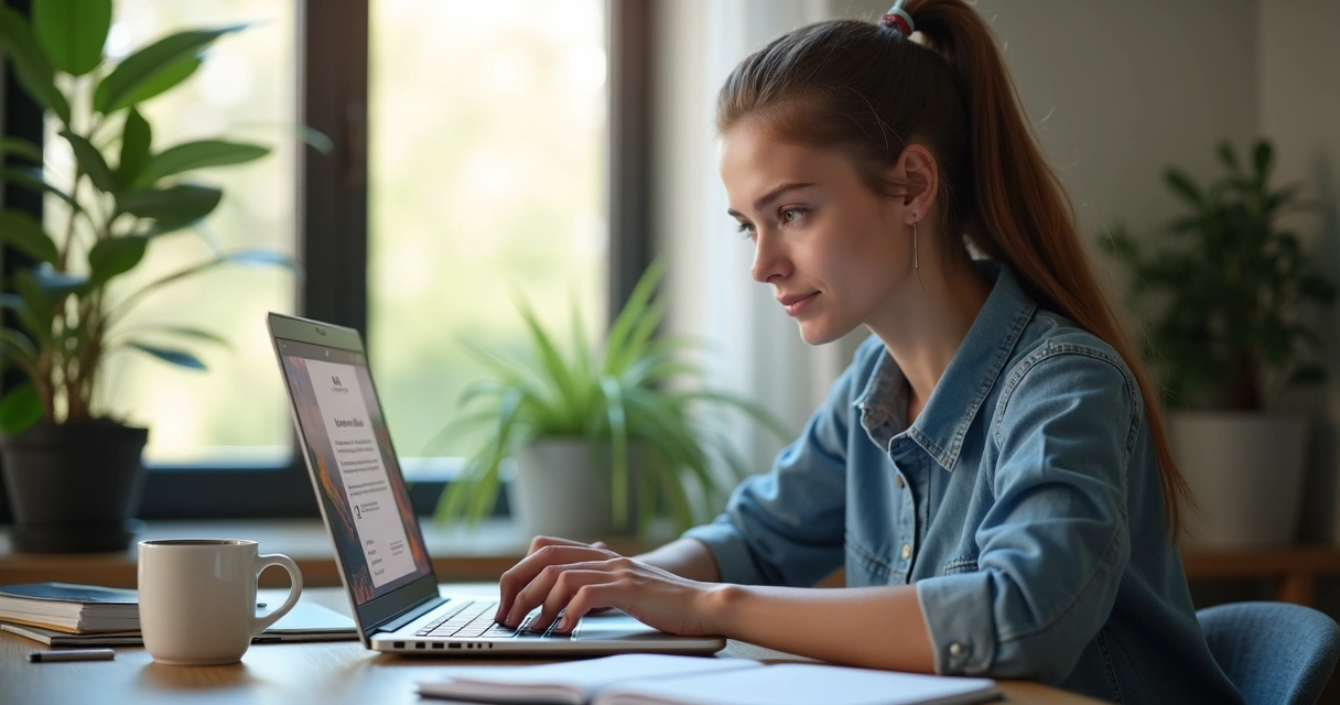 Jovem estudando em casa em frente ao notebook e segurando um certificado digital. 
