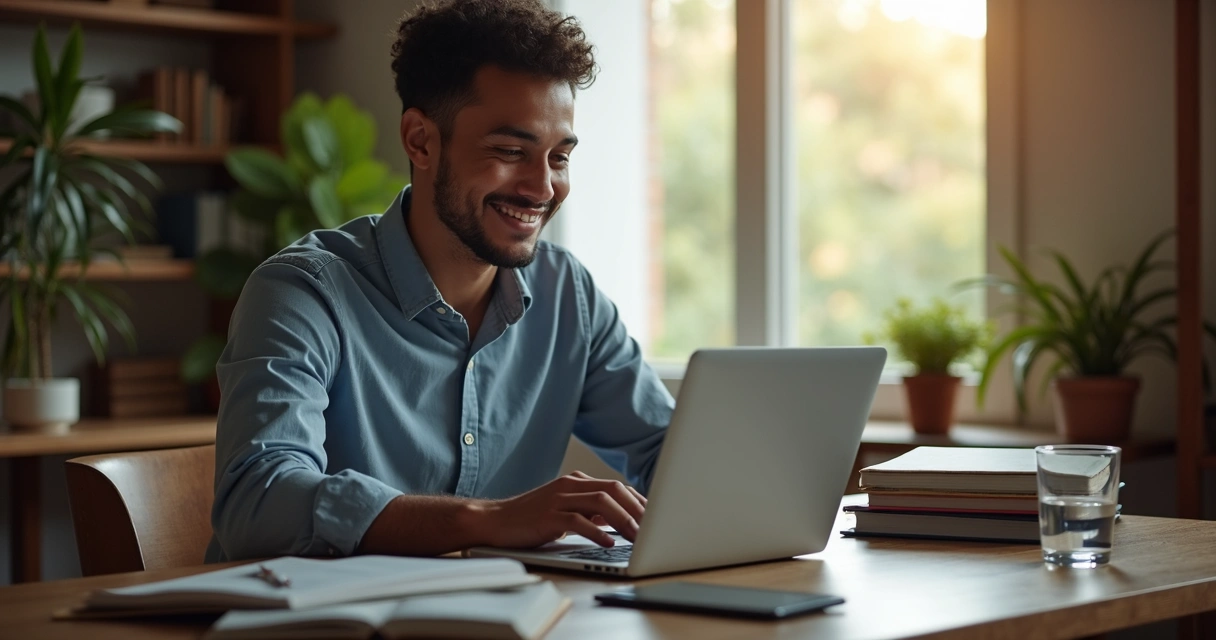 Pessoa estudando para a CNH em um notebook, tela mostrando aulas teóricas, ambiente doméstico, caneta e caderno ao lado 