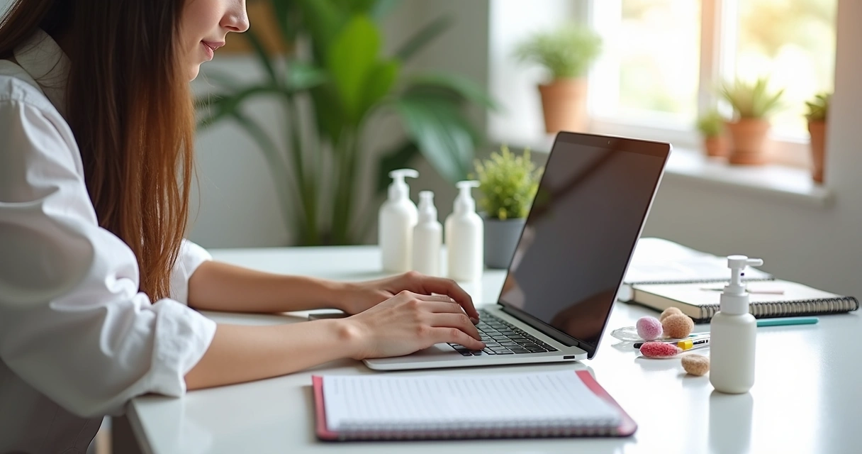Pessoa estudando cosmetologia online no notebook com materiais de beleza ao redor 