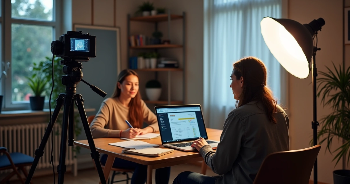 Curso online de finanças sendo gravado por um educador em estúdio caseiro com iluminação e câmera 