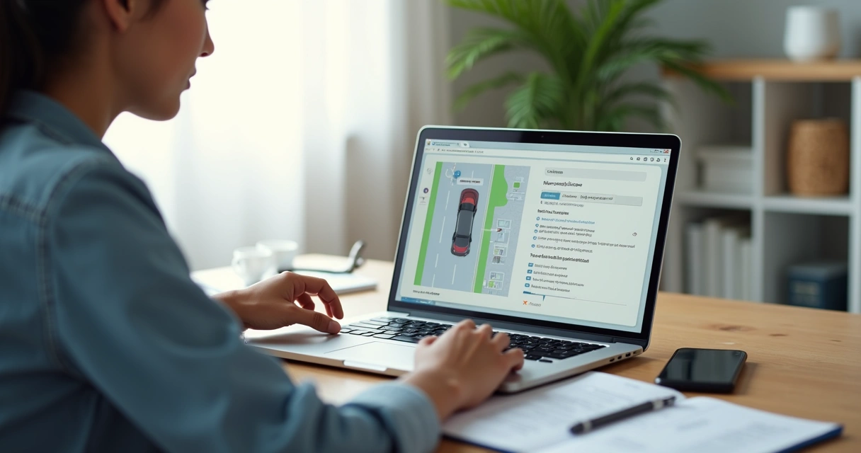 Jovem estudando curso online gratuito para CNH no notebook com celular e caderno na mesa 