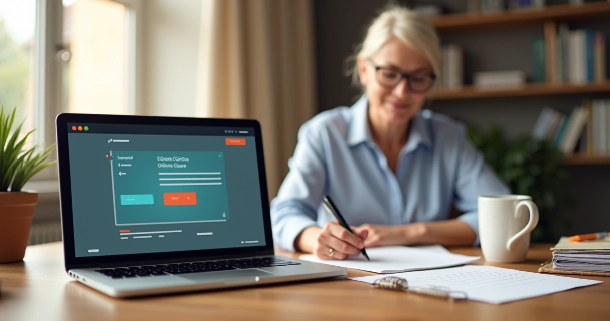 Notebook mostrando uma aula online para pessoas maduras 
