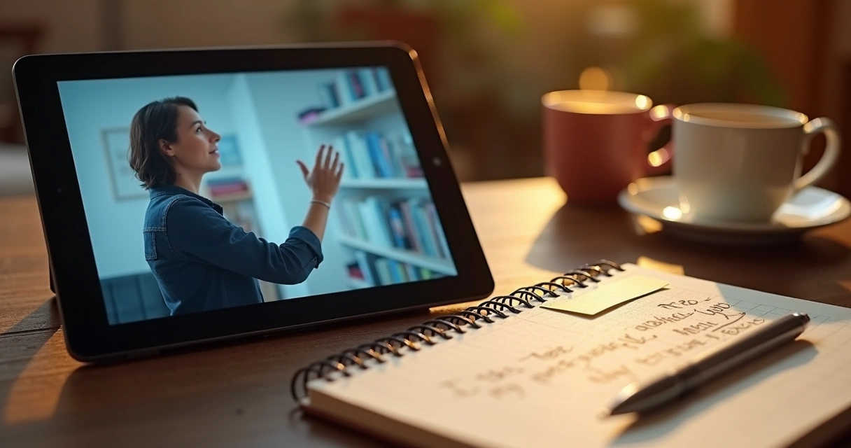 Tablet com curso online e anotações ao lado