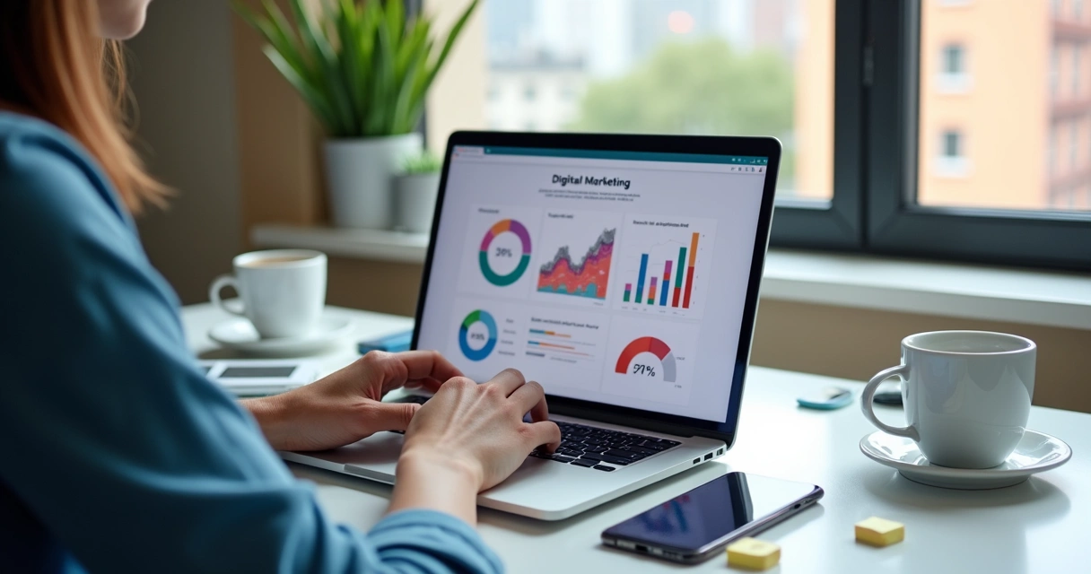 Pessoa estudando marketing digital em laptop, com gráficos coloridos na tela 