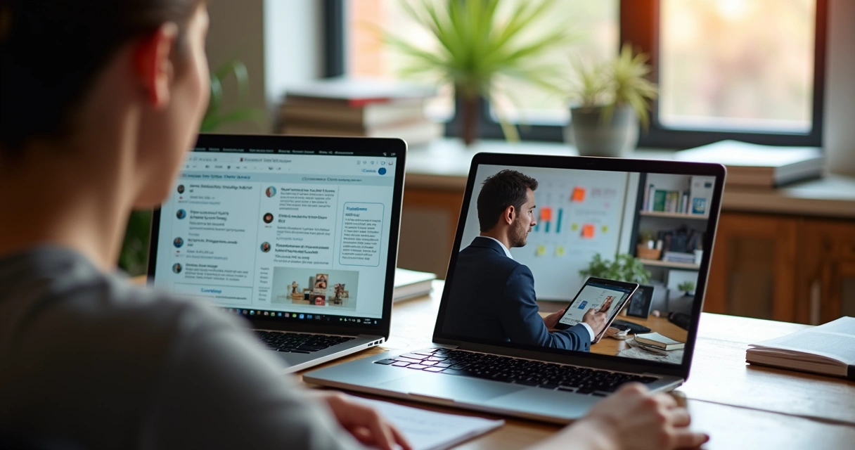 Mesa de trabalho dividida ao meio mostrando de um lado laptop com curso online e do outro uma pessoa participando de mentoria ao vivo por vídeo chamada 