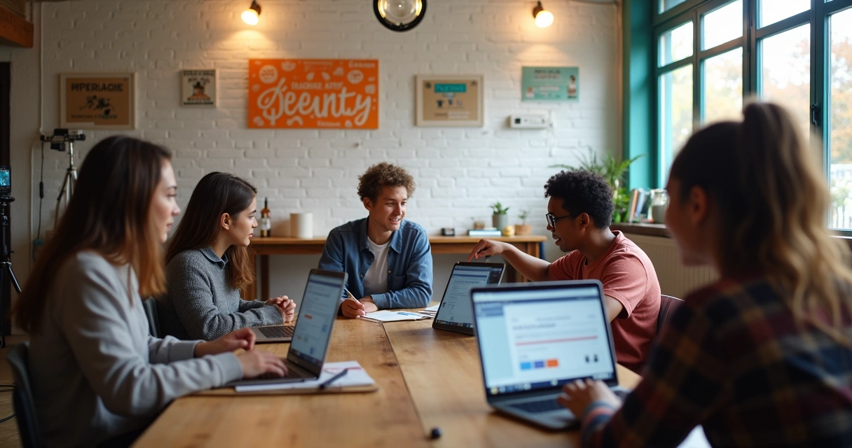Voluntários de ONG ministrando curso online com jovens em centro comunitário 