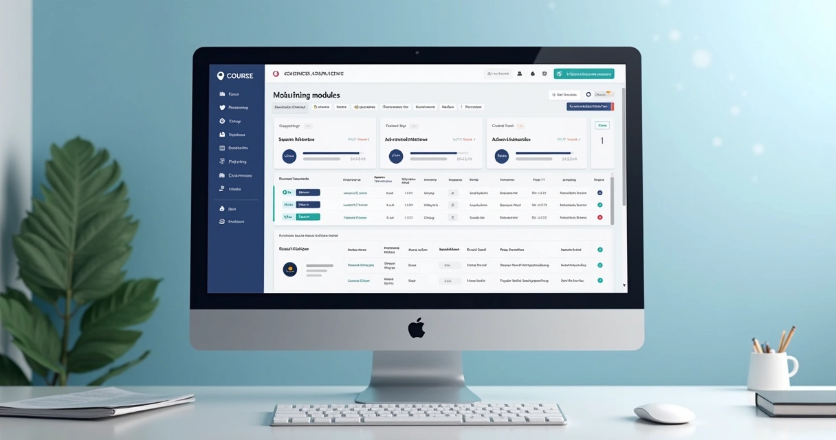 Painel de gestão de um site de curso online exibindo módulos, inscrições e área de membros.