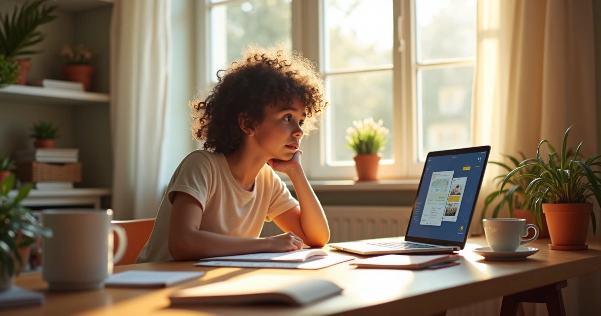 Pessoa estudando online em sala de casa com notebook e anotações 