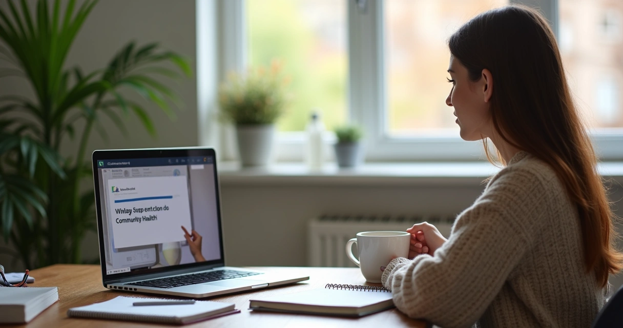 Estudante assistindo aula online em casa, estudando saúde comunitária 