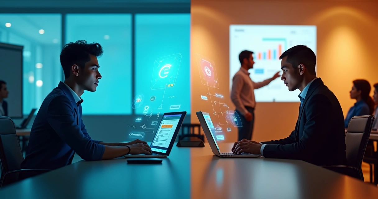 Profissional dividindo atenção entre treinamento online e presencial sobre IA 