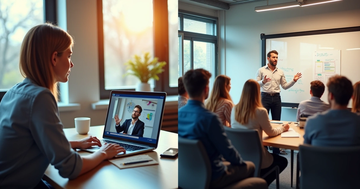 Pessoa assistindo curso online de vendas no laptop e grupo em workshop presencial em sala moderna 