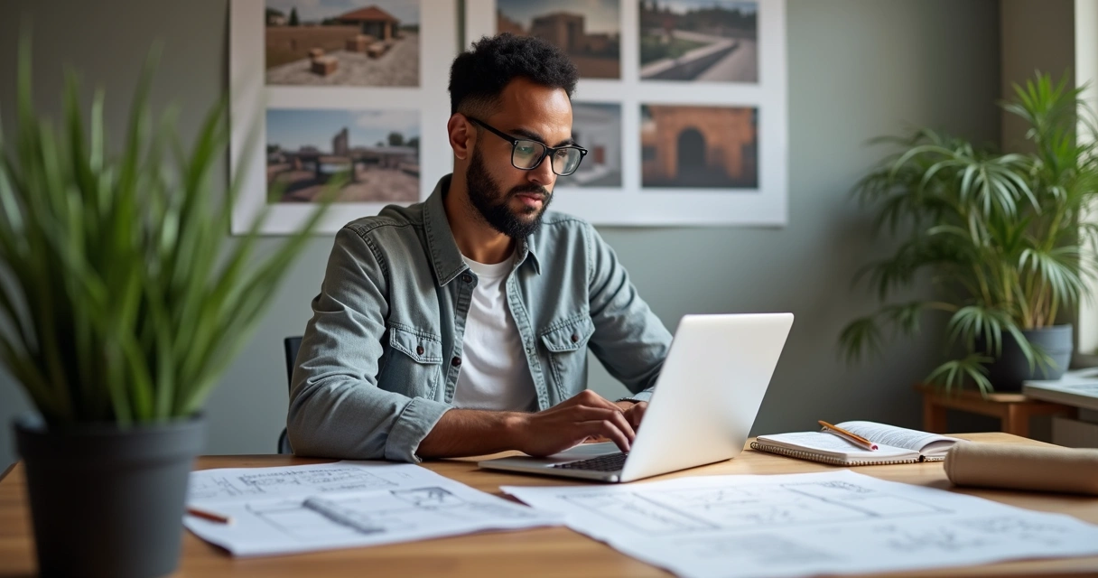 Homem estudando construção pelo computador 