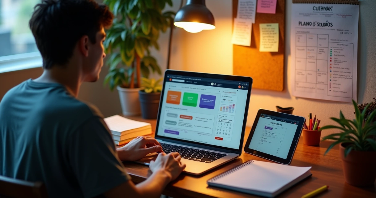Estudante organiza plano de estudo para curso preparatório de concurso em notebook com anotações na mesa 