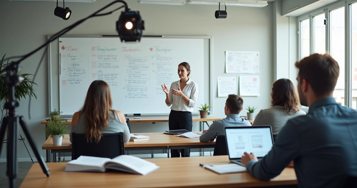Estúdio de gravação de videoaulas com professor e equipamentos modernos