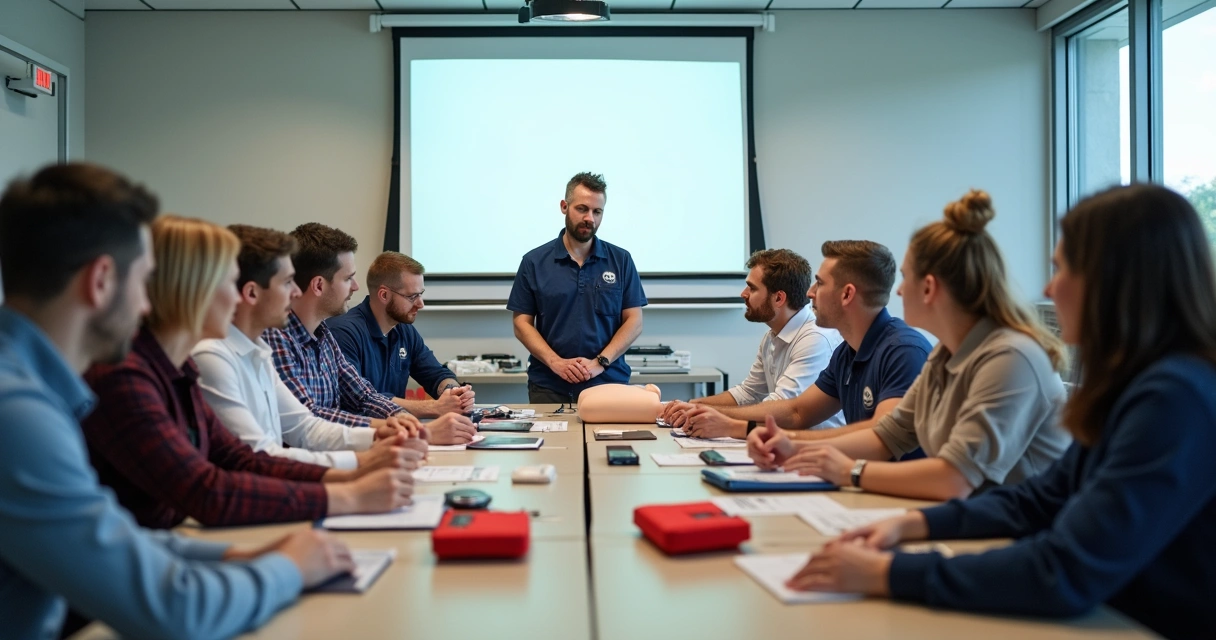 Equipe de trabalhadores participando de treinamento de primeiros socorros na empresa. 