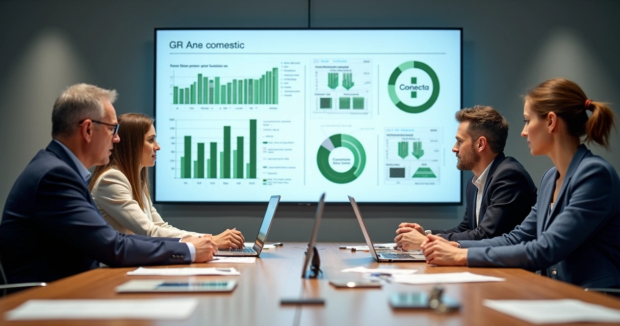 Sala de reunião com profissionais focados analisando painel sobre projetos de reciclagem 