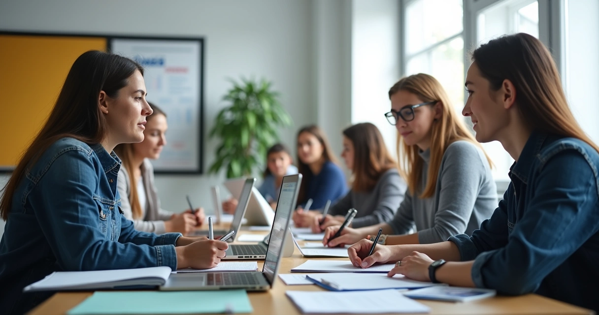 Sala de aula com pessoas aprendendo nova profissão após doença
