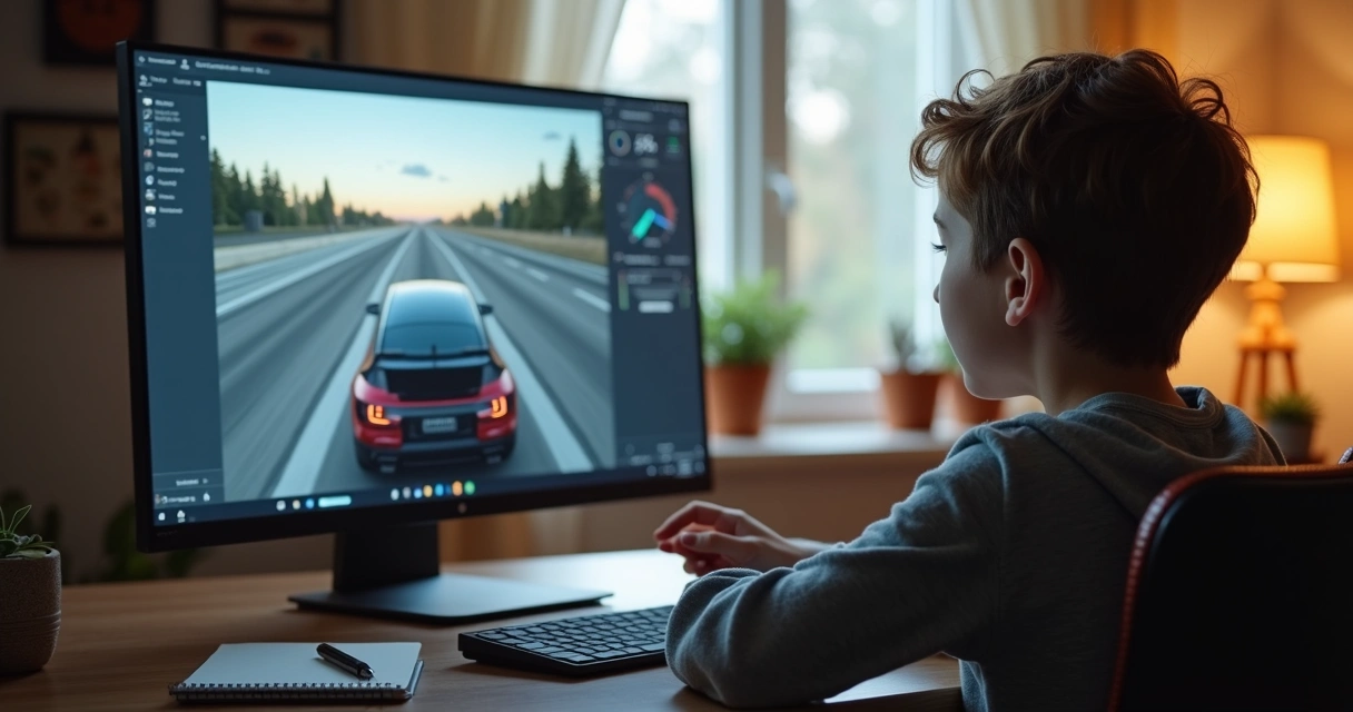 Jovem assistindo aula online de trânsito em computador 