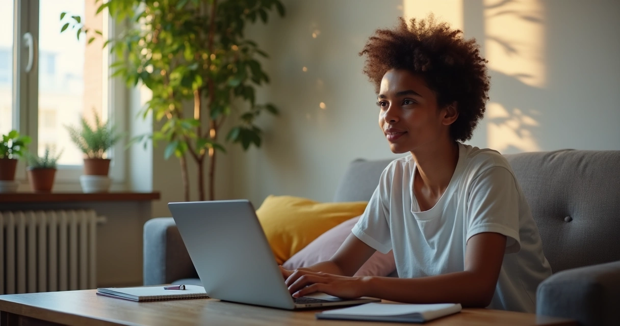 Jovem estudando para curso teórico online da CNH em notebook 