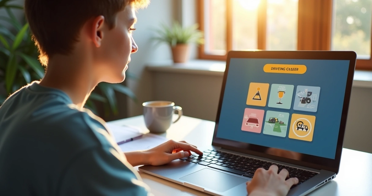 Pessoa assistindo curso teórico de trânsito em notebook