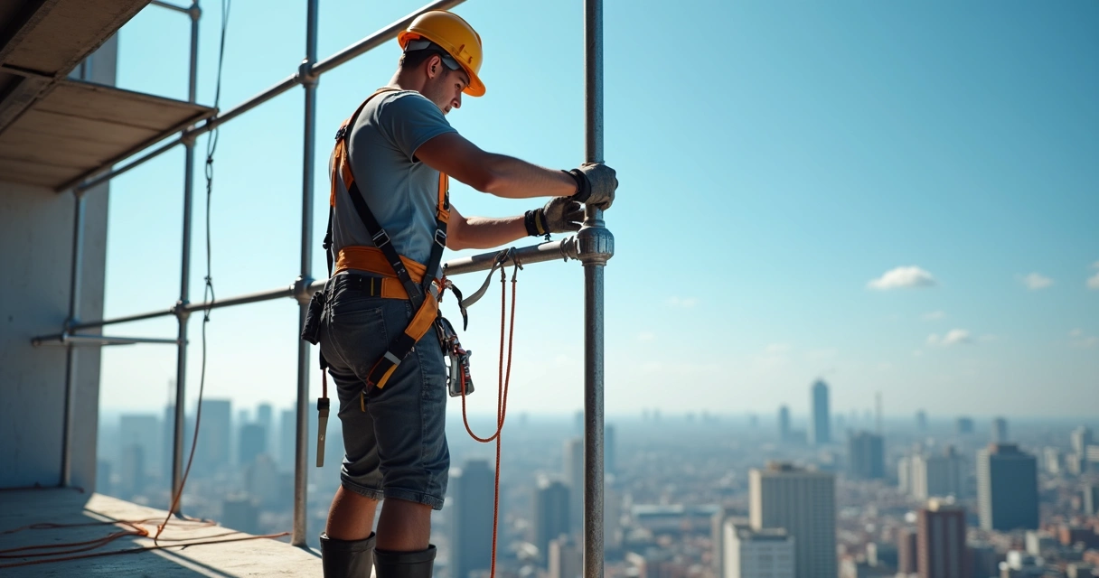 Trabalhador em altura utilizando EPI corretamente