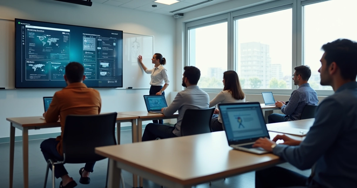 Pessoa em sala de aula usando notebook para treinar inteligência artificial