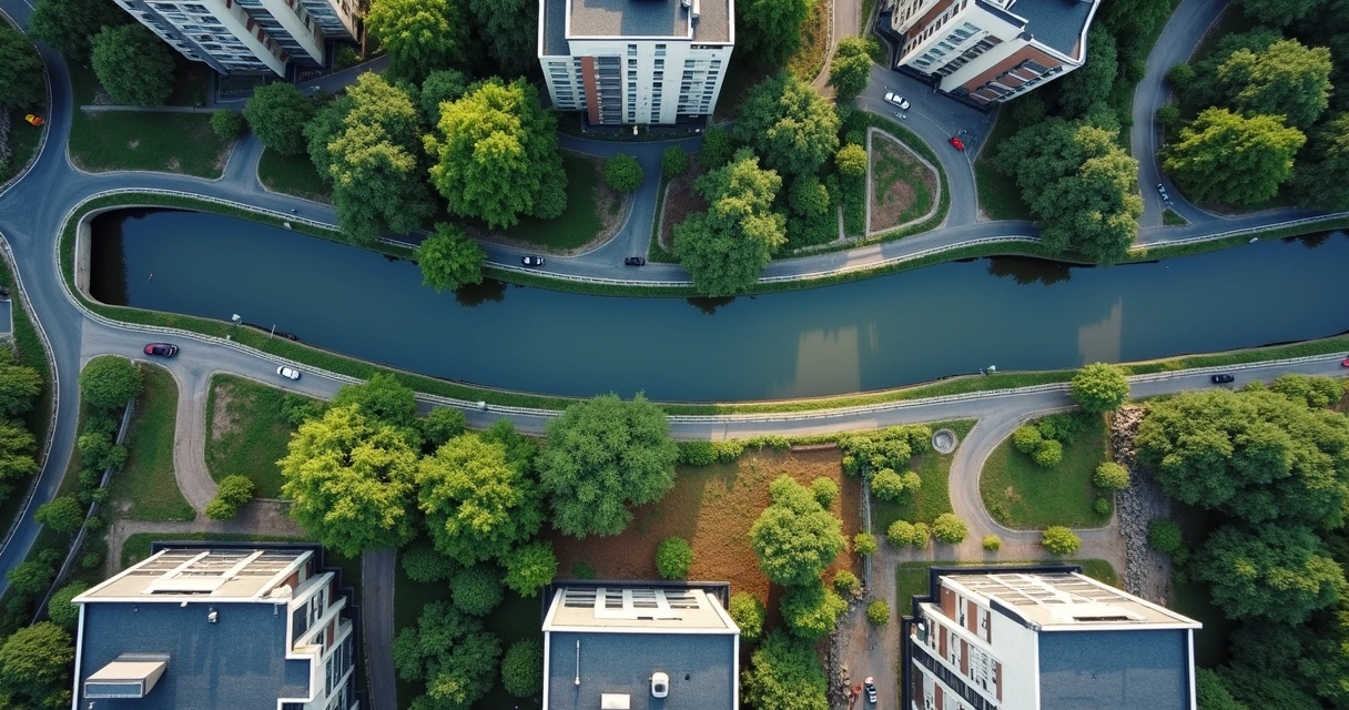 Canal urbano visto de cima com trechos naturais e canalizados 