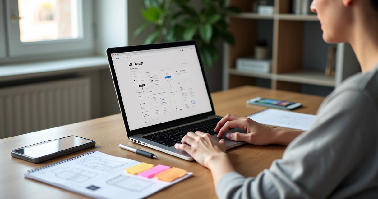 Designer estudando curso de UX do Google em laptop com anotações e protótipos na mesa 