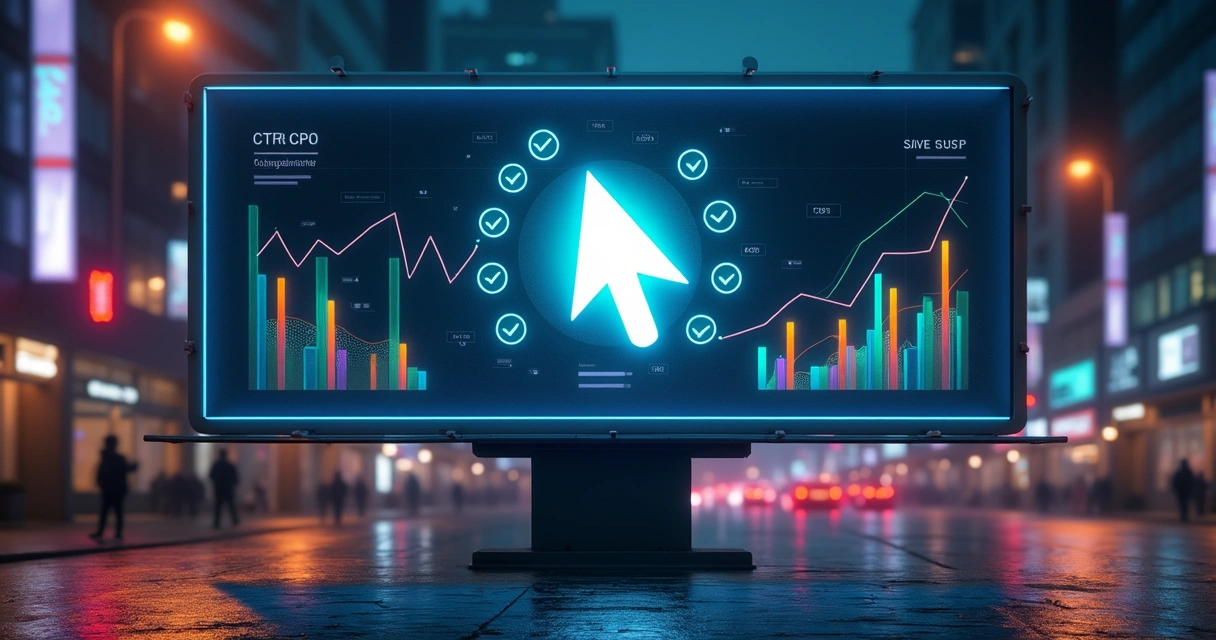 Cursor gigante atraindo cliques sobre placa digital com gráficos de desempenho 
