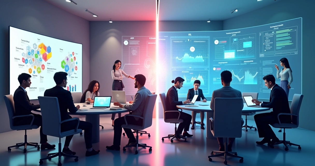 Divisão visual entre curso de IA em grupo e consultoria estratégica com dados 