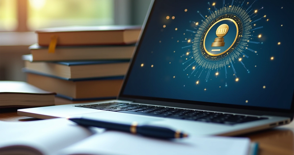 Certificado digital ao lado de livros e laptop 
