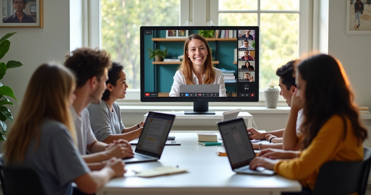 Interação ao vivo entre professor e alunos em videoconferência 