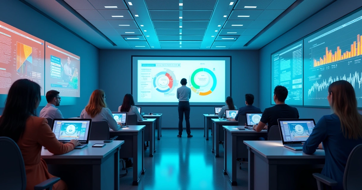 Ambiente digital de sala de aula futurista com alunos interagindo em notebooks 