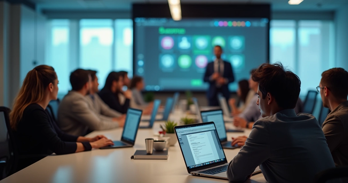 Sala com pessoas assistindo treinamento online em segurança do trabalho