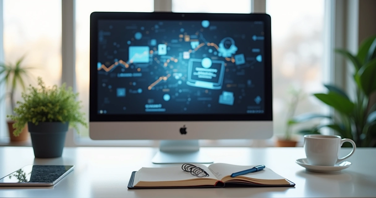 Curso online de marketing digital ilustrado em tela de computador com anotações e caderno 