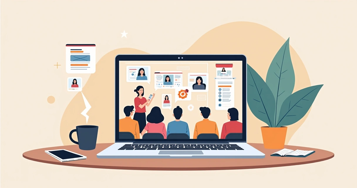Notebook mostrando aula online sobre Notion com participantes atentos 