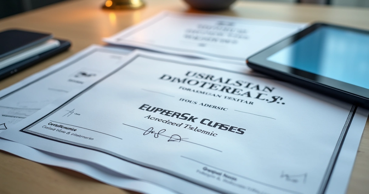 Certificados de cursos e diplomas empilhados sobre mesa de madeira clara. 