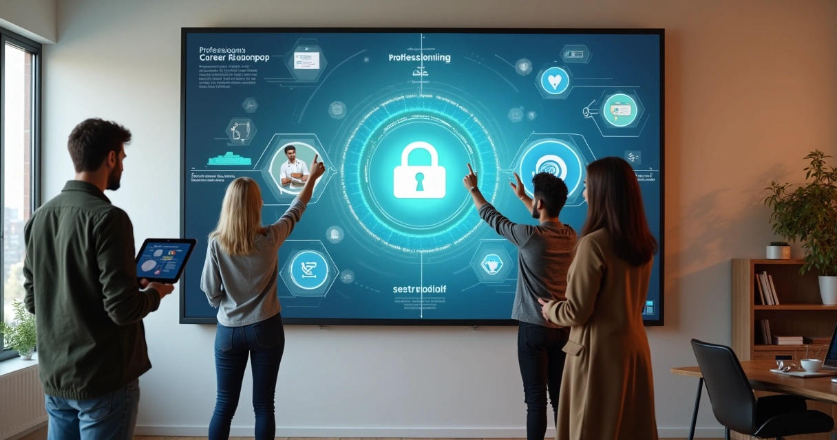 Painel de carreira com diferentes profissionais apontando para cursos online 