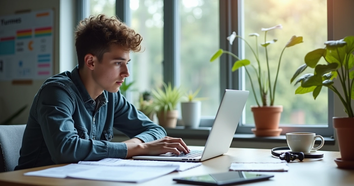 Pessoa estudando em notebook com materiais de apoio ao lado 