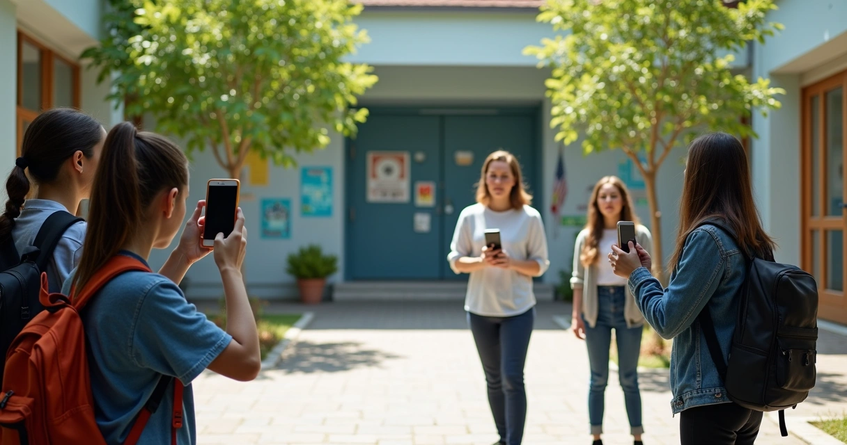 Alunos filmando curta-metragem no pátio escolar