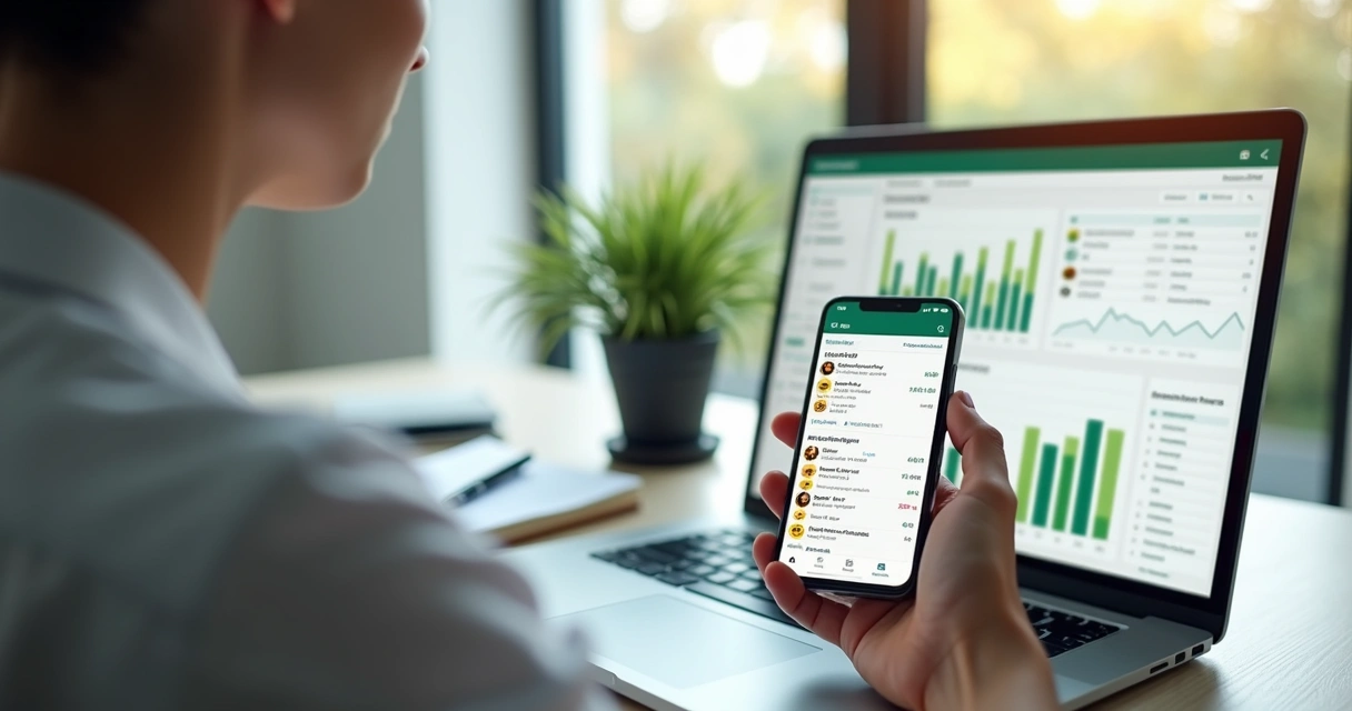 Profissional analisando curtidas em status do WhatsApp em tela com gráficos de engajamento 