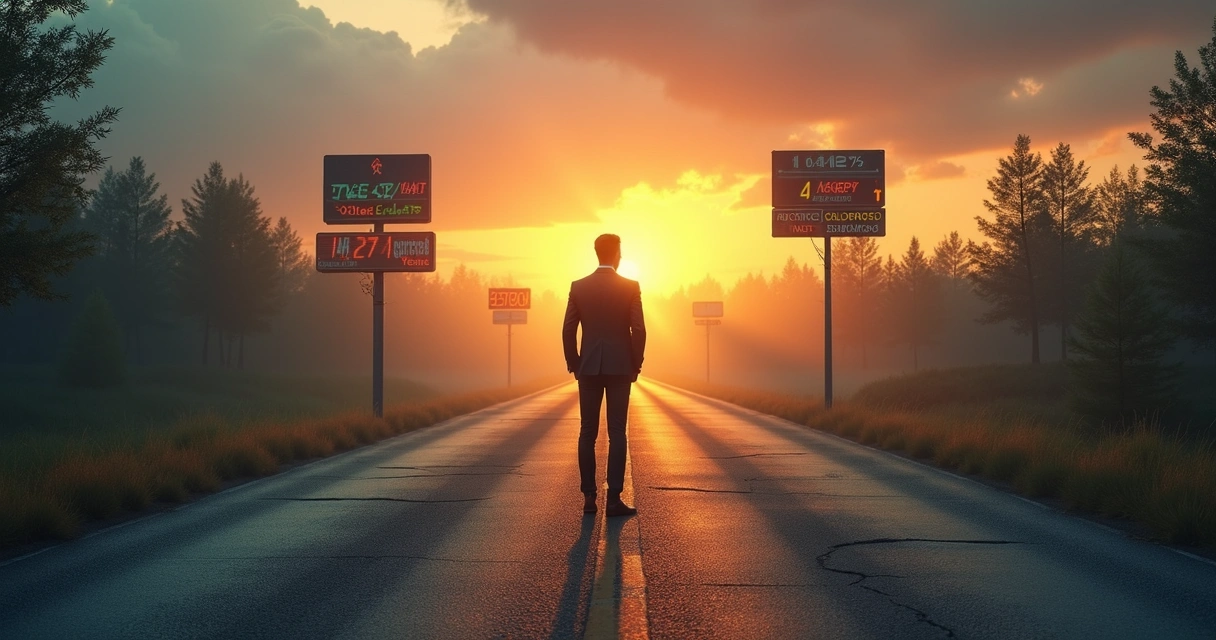 Estrada bifurcada entre caminho curto caótico e caminho longo estável com executivo pensativo 