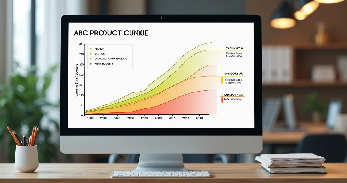 Gráfico de curva ABC com investimento em Ads por produto no marketplace