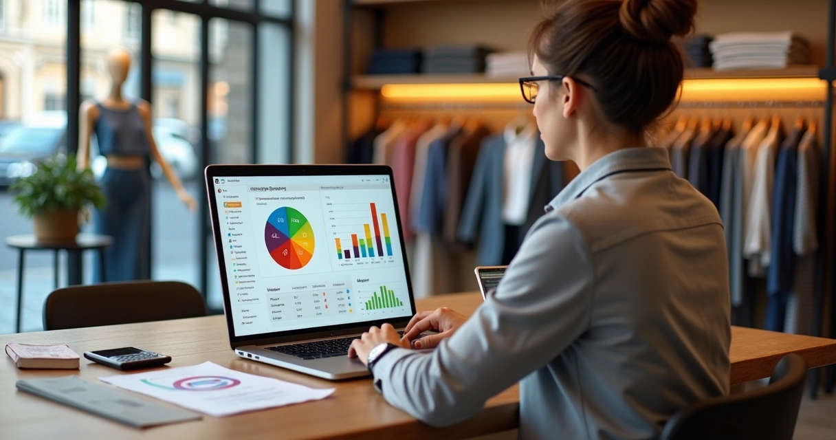 Gestor de loja de roupas analisando gráfico de curva ABC no notebook 