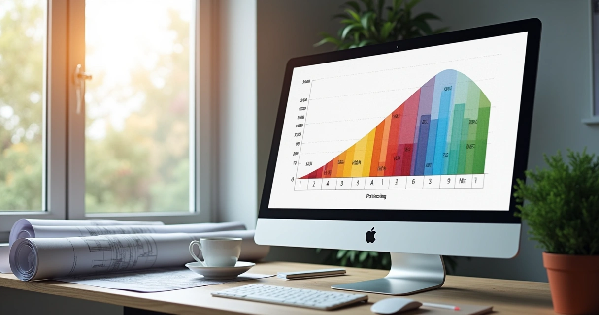 Gráfico de curva ABC em monitor ao lado de plantas de construção 