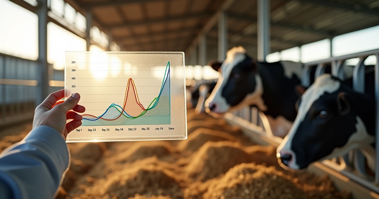 Veterinário traçando curva de lactação em gráfico ao lado de vaca leiteira estabulada 