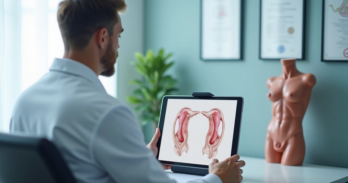 Ilustração médica de curvatura peniana em consulta 